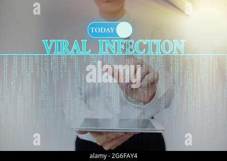 Textüberschrift mit viraler Infektion. Wort geschrieben über spezifische Angriff der Zellen aus der Reproduktion des schädlichen Virus Lady Holding Tablet Stockfoto