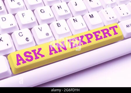 Textunterschrift mit „Fragen Sie einen Experten“. Bestätigung des Geschäftskonzepts, die gelesen haben, verstehen und stimmen den Richtlinien für die Schreibmaschinenlizenz zu Stockfoto