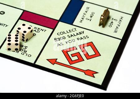 Nahaufnahme des traditionellen Monopoly Brettspiels. Stockfoto