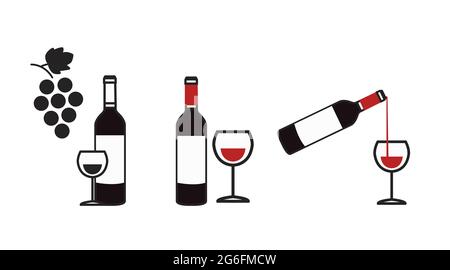 Wein-Icon-Set. Set mit weinbezogenen Illustrationen mit Weinflaschen und Gläsern Stock Vektor