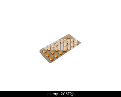 Mit Pillen für die Gesundheit. Eine Tablette Pillen. Gelbe Pillen. Weißer Hintergrund und Pillen. Stockfoto