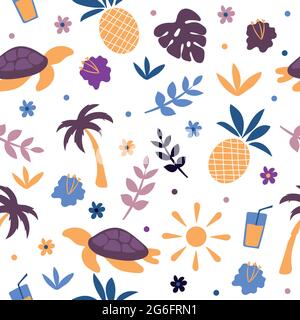 Sommerfarbene Schildkröte am Strand - niedliche handgezeichnete Doodle Sommer Illustration - Vektor nahtloses Muster Stock Vektor