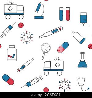 Medizinisches Muster, Vektordarstellung. Nahtloser Hintergrund mit Pillen, Spritze, Virus, Reagenzglas, Krankenwagen Elemente der Medizin Stock Vektor