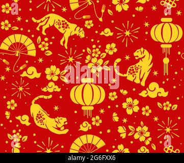Vector Stock abstrakt chinesisch traditionell orientalisches Muster, Jahr des Tigers mit asiatischen Elementen und Blume mit Bastelstil auf dem Hintergrund, zurück Stock Vektor