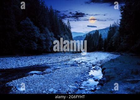 Bergfluss fließt durch bewaldete Tal. Landschaft Landschaft in einer Sommernacht. Bäume und Steine am Ufer im Vollmondlicht. Geringe Menge von w Stockfoto