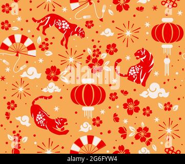 Vector Stock abstrakt chinesisch traditionell orientalisches Muster, Jahr des Tigers mit asiatischen Elementen und Blume mit Bastelstil auf dem Hintergrund, zurück Stock Vektor