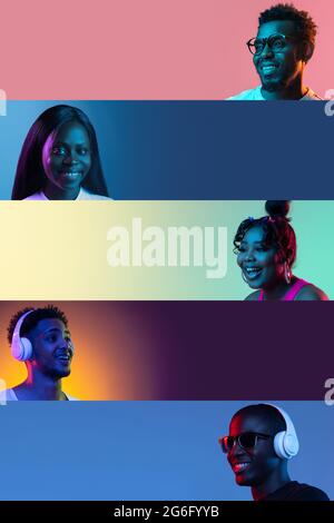 Collage von 5 Jugendlichen, Mädchen und Jungen isoliert auf bunten Hintergründen in Neon Stockfoto