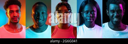 Collage von 5 Jugendlichen, Mädchen und Jungen isoliert auf bunten Hintergründen in Neon Stockfoto
