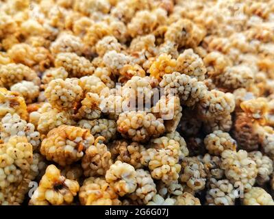 Nahaufnahme der trockenen Maulbeerfrucht. Hintergrund trockene Beeren- und Detailaufnahmen. Stockfoto