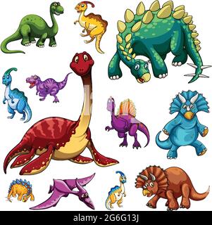 Satz von isolierten verschiedenen Dinosaurier Cartoon-Charakter auf weißem Hintergrund Illustration Stock Vektor