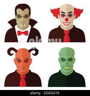 Cartoon Horror-Charaktere, bösen Clown, gruseligen Teufel, gruselige Zombie, dracula Vampir Stock Vektor