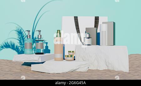 3d-Rendering von Parfüm- und Kosmetikprodukten für die Erstellung von Mockups in Stein und blauem Hintergrund mit Schatten von Pflanzen im Hintergrund Stockfoto