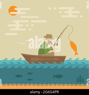 Angelvektor Illustration, Fischer mit Rute und Fisch Stock Vektor