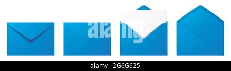 Vektor-Set von realistischen blauen Umschlägen in verschiedenen Positionen. Geöffnetes und geschlossenes Umschlagmockup isoliert auf weißem Hintergrund. Stock Vektor