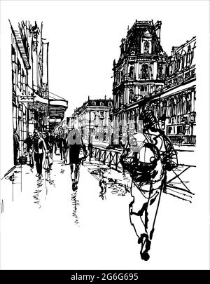 Paris, Menschen, die nach dem Regen in der Nähe des Hotels de Ville herumlaufen - Vektorgrafik Stock Vektor
