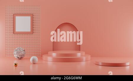 Podium mit Steinzylinder, Produktdisplay auf pastellrosa Hintergrund Stockfoto