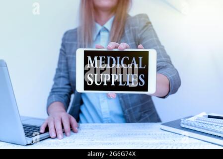 Text mit Inspiration Medical Supplies. Wort für Elemente, die für die Behandlung von Krankheit oder Verletzung notwendig sind Finanzberater Geben Sie Geld sparen Tipps Stockfoto