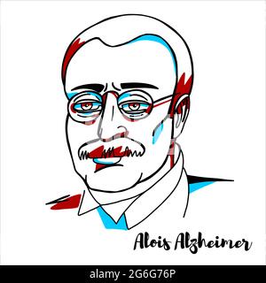 RUSSLAND, MOSKAU - 16. April 2019: Alois Alzheimer graviert Vektorportrait mit Tintenkonturen. Deutscher Psychiater und Neuropathologe, der erste Publ Stock Vektor