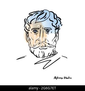 RUSSLAND, MOSKAU - 28. JUNI 2019: Alphonse Mucha Vektor handgezeichnetes Aquarellportrait mit Farbkonturen. Tschechischer Maler, Illustrator und Grafiker, Stock Vektor