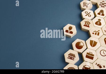 Geschäftsmodellbaukonzept. Entwicklungsstrategie. Komponenten für ein erfolgreiches Unternehmen und Karrierewachstum. Verwaltung. Verbesserung der Investitions-cli Stockfoto