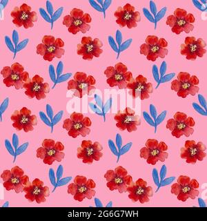 Aquarell-Nahtloses Muster mit Granatapfelblüten und Ästen. Handbemalte Illustration. Stockfoto