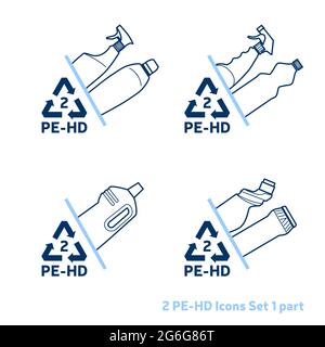 Umrisssymbole für Recycling-Code 2 (PET - Polyethylenterephthalat) gesetzt. Leere klare Plastikflaschen auf weißem Hintergrund. Stock Vektor