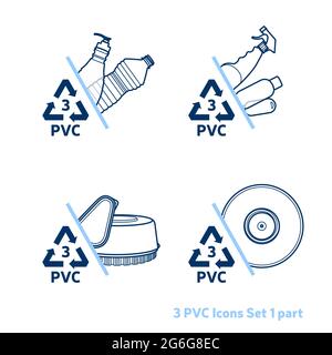 Recycling-Code 3 (PVC - Polyvinylchlorid) umreißt Symbole gesetzt. Leere durchsichtige Kunststoffteile auf weißem Hintergrund. Stock Vektor