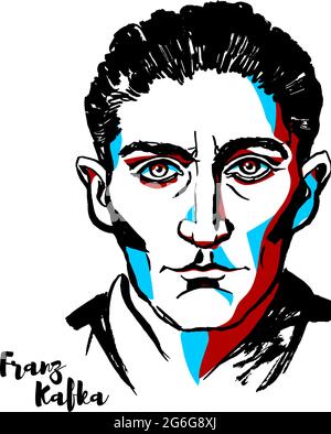 MOSKAU, RUSSLAND - 21. AUGUST 2018: Franz Kafka graviertes Vektorportrait mit Tintenkonturen. Deutschsprachiger böhmisch-jüdischer Schriftsteller und Kurzgeschichte wri Stock Vektor