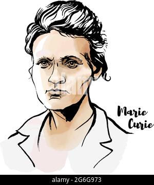 Marie Sklodowska Curie Aquarell-Vektor-Porträt mit Farbkonturen. Die erste Frau, die einen Nobelpreis gewonnen hat. Stock Vektor