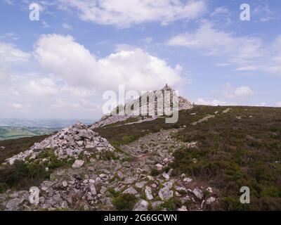 Trig Point höchster Punkt des Stiperstones National Nature Reserve von Shropshire Way Main Route Shropshire England Großbritannien Stockfoto