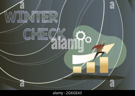 Konzeptionelle Darstellung Winter Check. Wort für kälteste Jahreszeit Wartungsbereitschaft Schneeschaufel Hiemal Buntes Bild zeigt Fortschritt, Zusammenfassung Stockfoto