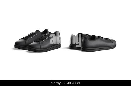 Sneakers aus schwarzem Leder mit Schnürung, vorne und hinten, 3d-Rendering. Leere, atmungsaktive Straßenschuhe im Nachbau, isoliert, Seitenansicht. Klare Stiefel m Stockfoto