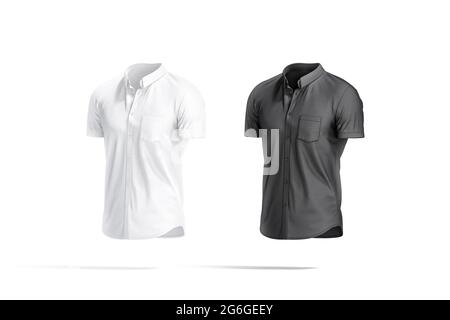 Schwarzes und weißes Kurzarm-Button-Down-Shirt-Modell, 3D-Rendering. Leere Textilbluse für Mann im Nachbau, isoliert, Seitenansicht. Klares, schlankes Poloshirt Stockfoto