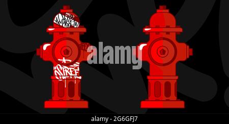 Flat Red City Fire Hydrant Water Supply System Vektor Design Element Illustration Mit Einigen Städtischen Graffiti Street Art Stock Vektor