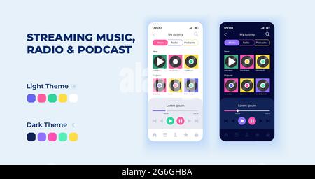 Streaming von Musik und Podcasts Cartoon Smartphone-Schnittstelle Vektor-Vorlagen gesetzt Stock Vektor