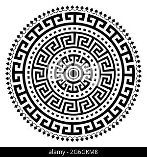 Griechischer Vektor antike Vase Mandala Design mit Schlüsselmuster, geometrisches schwarzes Boho Muster in schwarz auf weißem Hintergrund Stock Vektor
