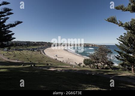 Allgemeiner Blick auf Bondi Beach aus dem Grasgebiet, bekannt als Bondi Park, Sydney, NSW, Australien. Eine beliebte Gegend für Picknicks, entspannende und aussichtsreiche Ausblicke Stockfoto