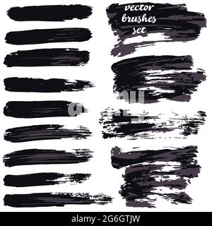 Sammlung von schwarzer zweifarbiger Farbe, Pinselstriche, Pinsel, Blots, Linien, Grungy. Schmutzige künstlerische Gestaltungselemente, Kisten, Rahmen. Vektordarstellung Stock Vektor