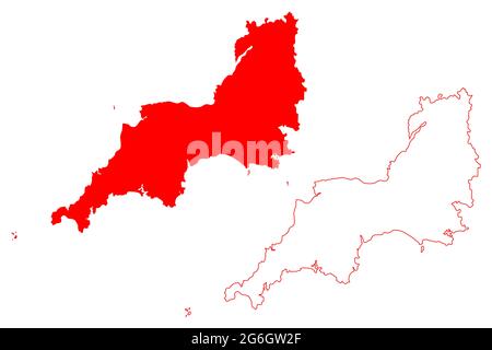 Region Südwestengland (Vereinigtes Königreich, Region of England) Kartenvektordarstellung, Skizze Südwestengland Karte Stock Vektor