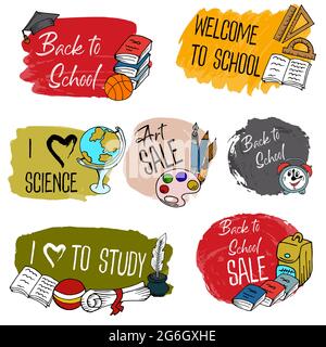 Satz von Etiketten, Stecknadeln. Typografie-Emblem. Schulverkauf. Vektor. Handgezeichnete Schriftzüge Stock Vektor