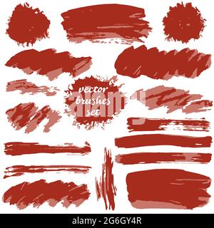 Satz Freihandzeichnungen. Sammlung von roten zweifarbigen Farbe, Tinte Pinselstriche, Pinsel, Linien, grungy. Schmutzige künstlerische Gestaltungselemente Stock Vektor