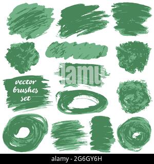 Vektorgrafik. Sammlung von grünen bicolor Farbe, Tinte Pinselstriche, Pinsel, Blots, grungy. Schmutzige künstlerische Gestaltungselemente Stock Vektor