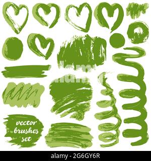 Vektorgrafik. Sammlung von grünen bicolor Farbe, Tinte Pinselstriche, Pinsel, Blots, grungy. Verschmutzte Designelemente Stock Vektor