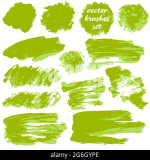 Sammlung von grünen zweifarbigen Farbe, Tinte Pinselstriche, Pinsel, Blots, Linien, Grungige Elemente Stock Vektor