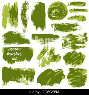 Sammlung von grünen zweifarbigen Farbe, Tinte Pinselstriche, Pinsel, Blots, Linien, Grungy. Schmutzige künstlerische Gestaltungselemente, Kisten, Rahmen. Vektordarstellung Stock Vektor