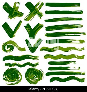 Sammlung von grüner Farbe, Tinte, Pinselstriche, Pinsel, Linien, Grungy. Wellen, Kreise, Herzen. Schmutzige Elemente der Dekoration, Schachteln Rahmen Vektor illus Stock Vektor