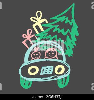 Niedliche kindliche Zeichnung mit farbiger Kreide auf grauem Hintergrund. Pastellkreide oder Bleistift lustige Doodle Stil Vektor. Weihnachtsauto, Familie, Weihnachtsbaum Stock Vektor