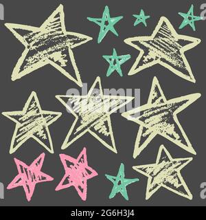 Niedliche kindliche Zeichnung mit farbiger Kreide auf grauem Hintergrund. Pastellkreide oder Bleistift lustige Doodle Stil Vektor. Satz von Doodle-Sternen Stock Vektor