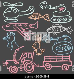 Niedliche kindliche Zeichnung mit farbiger Kreide auf grauem Hintergrund. Pastellkreide oder Bleistift lustige Doodle Stil Vektor. Satz Transport, Traktor, Tank, Plan Stock Vektor