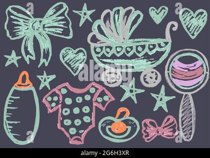 Niedliche kindliche Zeichnung mit farbiger Kreide auf grauem Hintergrund. Pastellkreide oder Bleistift lustige Doodle Stil Vektor. Ein Zubehörsatz für Kleinkinder, neu Stock Vektor